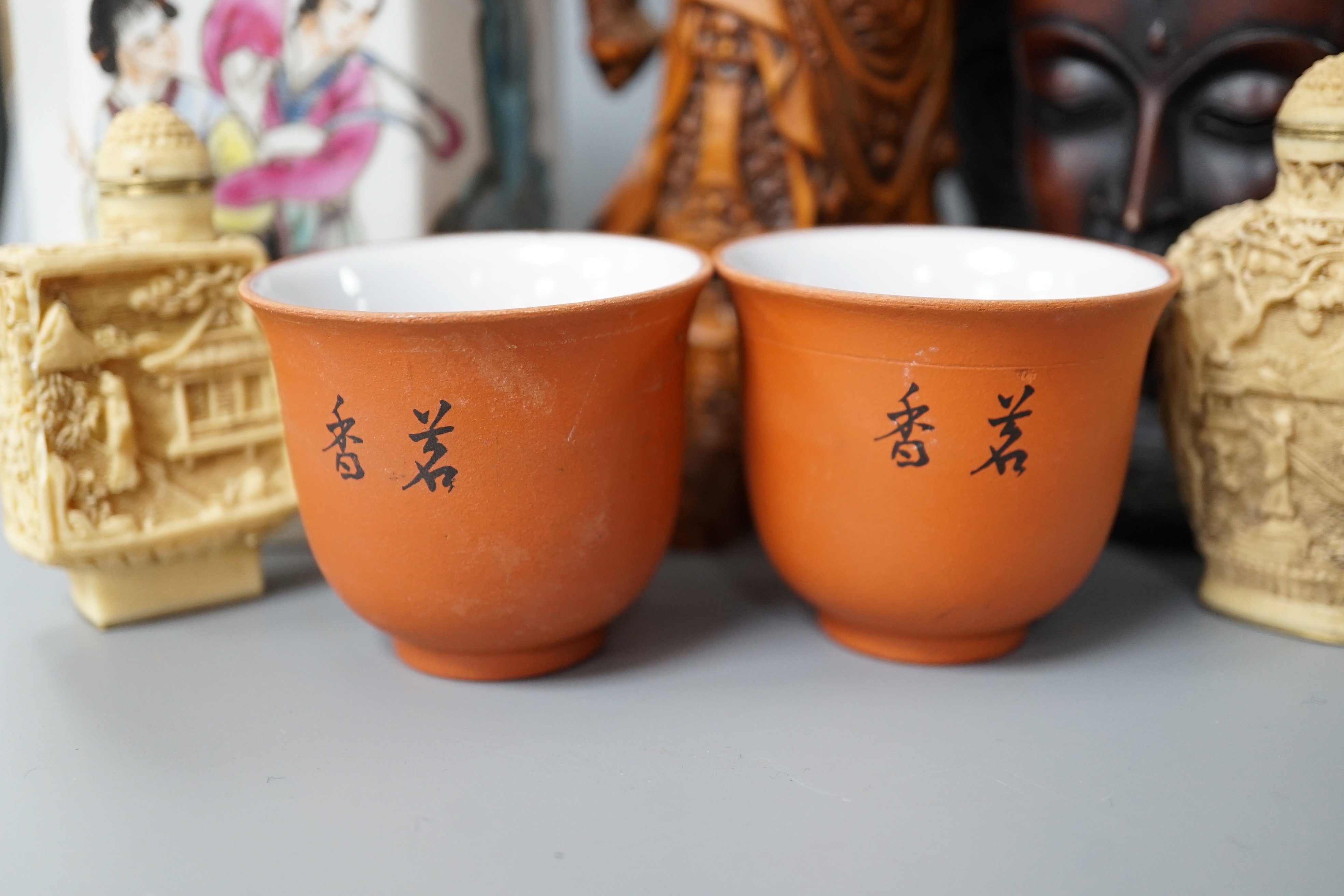 A Chinese famille rose brush pot together with other various oriental ceramics and figures (12)